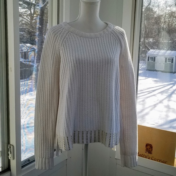 Michael Kors White Knit Gold Studded Stripe Hem Crewneck Sweater - Picture 3 of 8